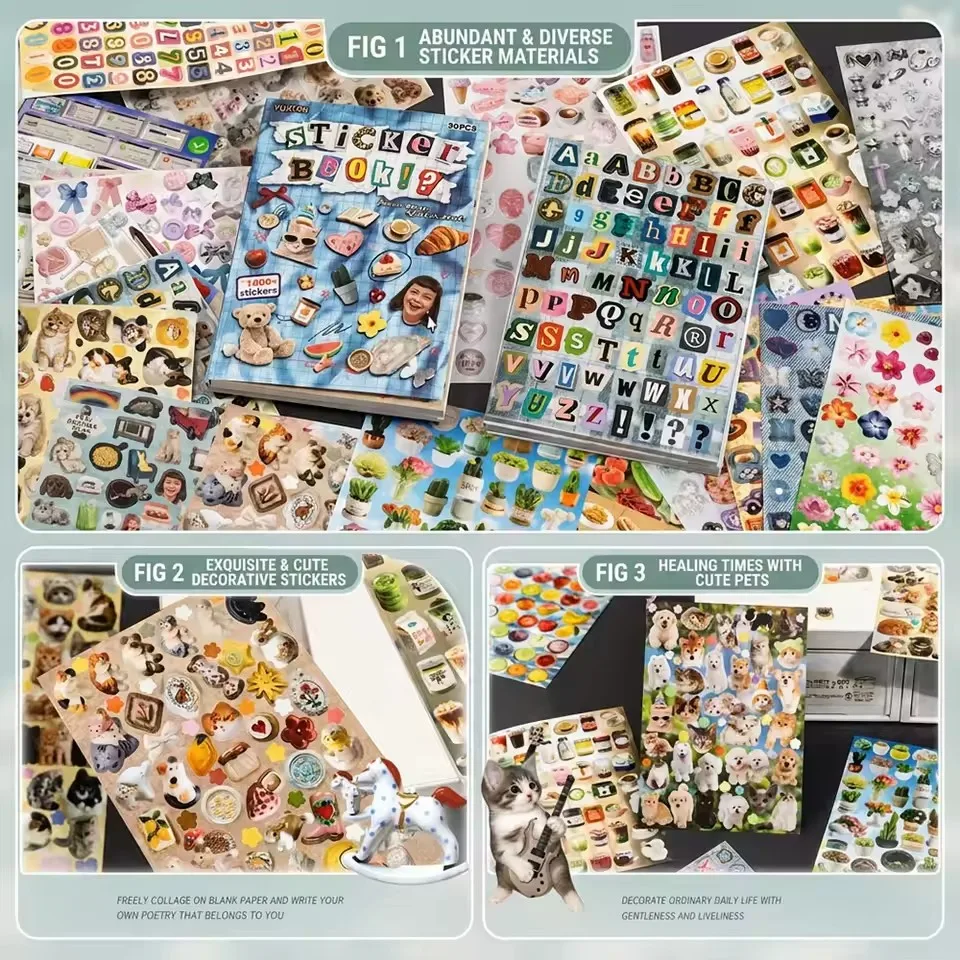 1800+Pcs Sticker Book 30Sheets Multi Theme Self Adhesive Decorative Stickers For Journal Scrapbook Diary Planner DIY Craft Gift