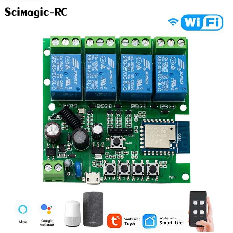 4CH Tuya Wifi Smart Switch Home Automation Timer DIY Module AC DC 7-32V 85-250V Jog Self-locking For Alexa Google Home