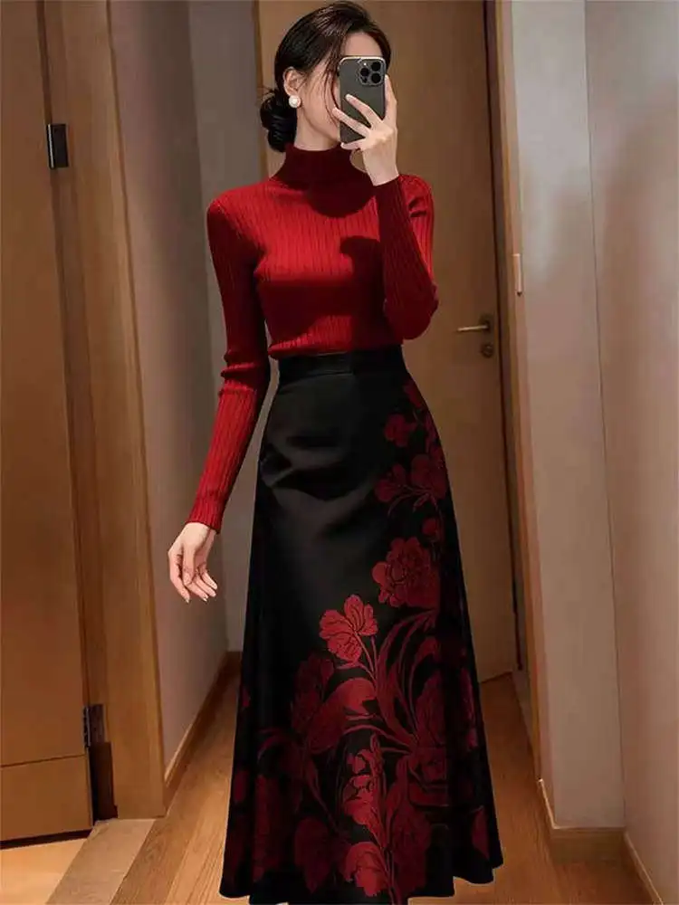 

Красный трикотажный свитер и юбка Cisas, комплект из двух предметов, женский облегающий ансамбль Faion, осень-зима High Ne Long Sve