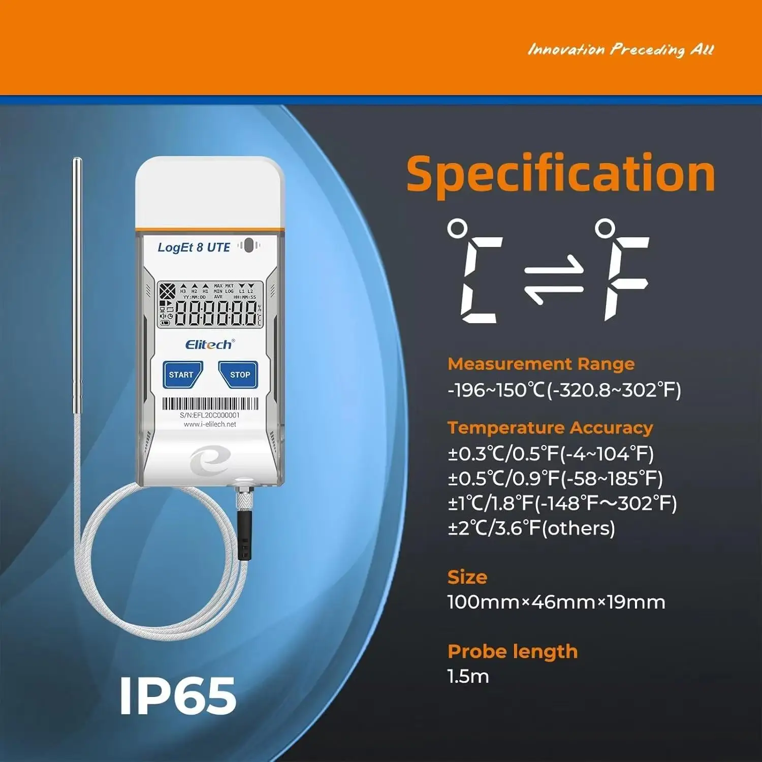 USB Temperature Data Logger LogEt8UTE LCD Display High Accuracy Auto PDF Report 16000 Points -196~150