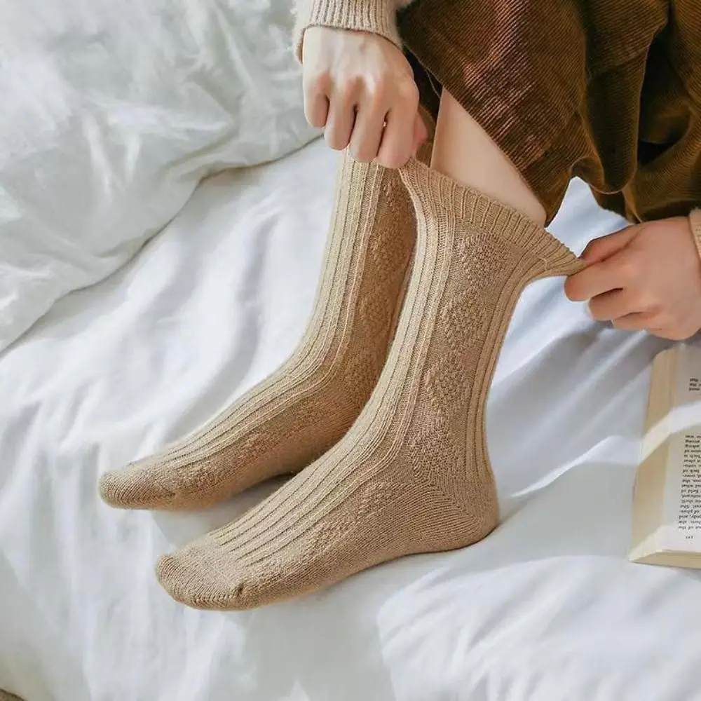 3Pairs Ins Stripe Wool Lattice Socks Winter Soft Sleeping Socks Women Hosiery Pile Up Plush Socks Women