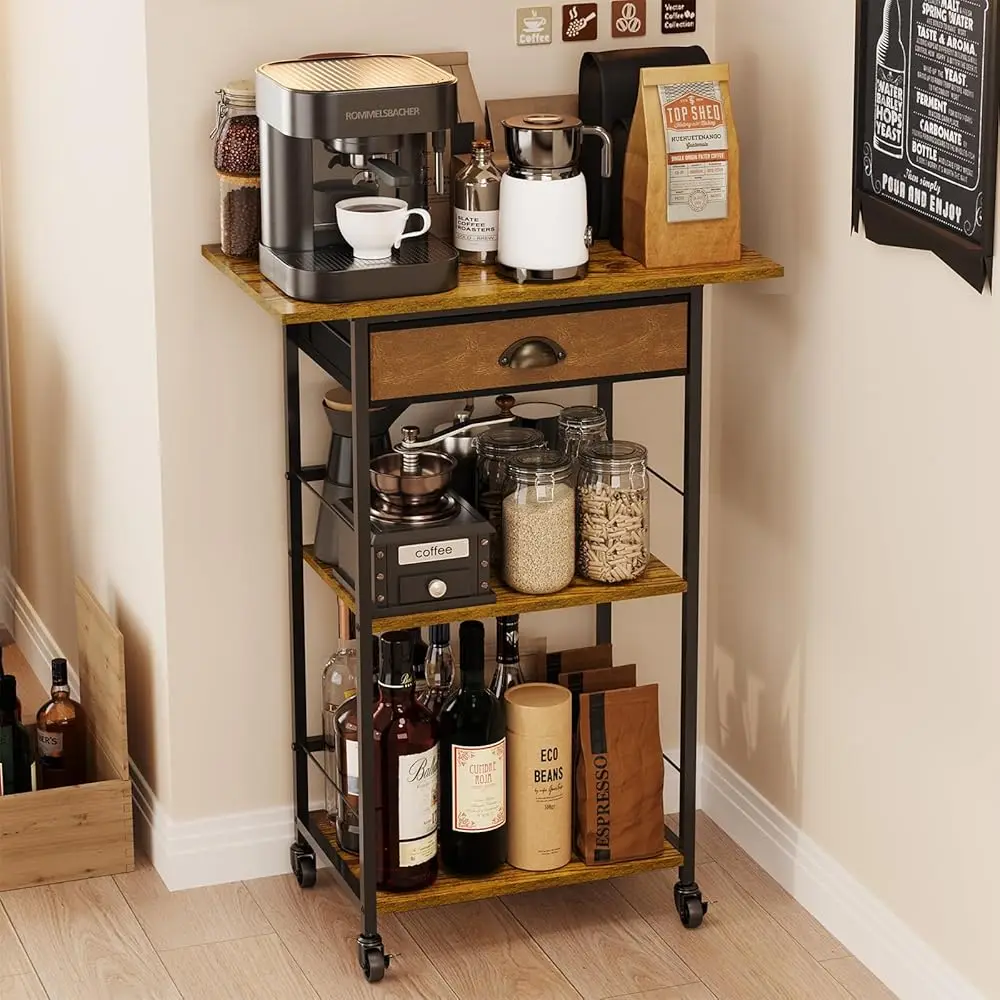 

Coffee Bar Stand Station Cart With Storage Drawer -3 Tier, Extended Worktop Coffee Table, Farmhouse Corner Bar Cabinet For