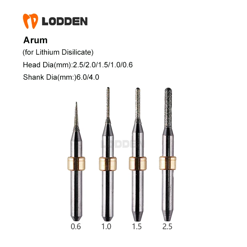 

Dental Material Milling Burs Arum for Lithium Disilicate NC D6/D4 Dental Lab Grinding Drills L50 L45 * 2.5/2.0/1.5/1.0/0.6 Tools