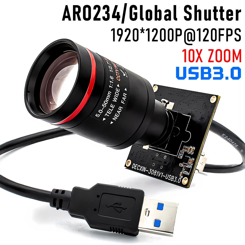 

M12 Varifocal Lens 10X Zoom 2.3MP 120FPS Global Shutter USB3.0 Camera Plug And Play Web Camera for Live Streaming Machine Vision