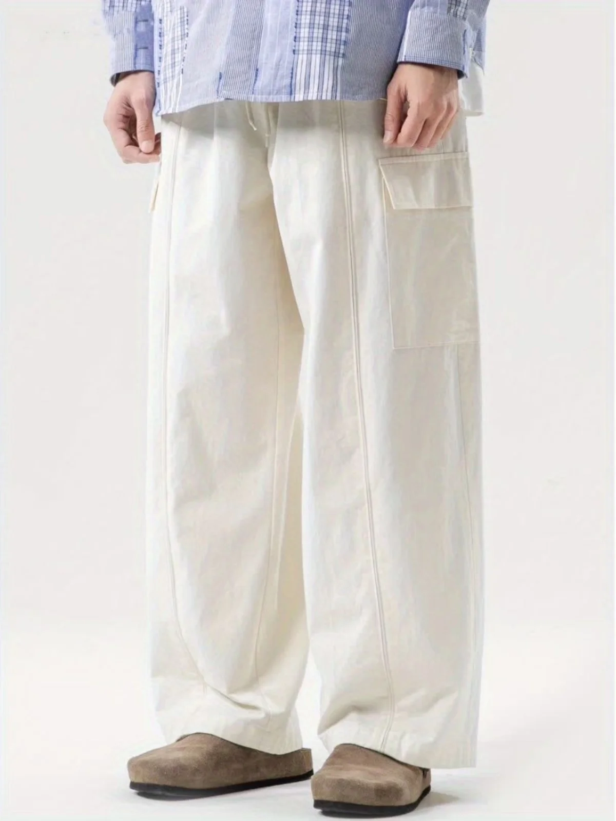 

Мужские повседневные брюки свободного кроя в японском стиле, летние, тонкие, прямые, бежевые, оверсайз, рабочие, фасон «фонарь», из хлопка, длинные