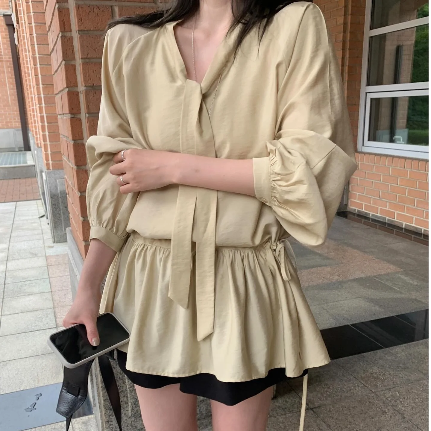 Frauen Koreanische Sle Chic Lange Sve Dr Taille-Cinching Dstring Abnehmen Vielseitig Faionable Herbst Neue Ankunft