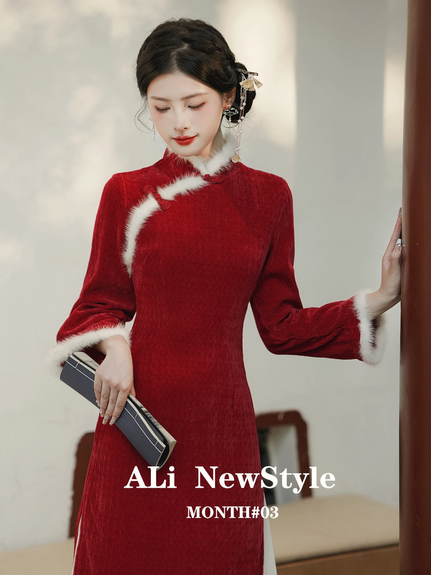 

Красное молодежное теплое платье миди с длинными рукавами в стиле ретро для повседневной носки, зимнее, для новогодних церемоний, из полиэфирного волокна