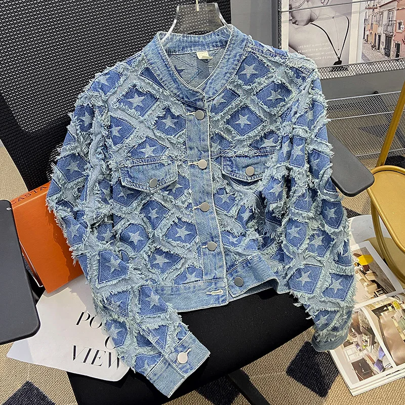 2024 Fashion Tassels Denim Jacket Women Spring Autumn Long Sleeve Jeans Jacket Basic Coat Outerwear Chaqueta Mujer