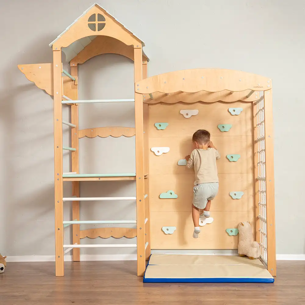 Indoor wooden children's climbing frame with slide and swing indoor playground set