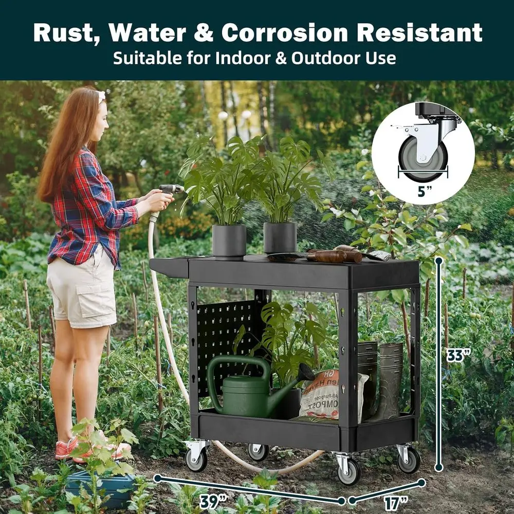 Sturdy 2-Tier Utility Cart with Hanging Board, 39x17, 550 lbs Capacity, Swivel Wheels, Ideal for Workshops and Garages