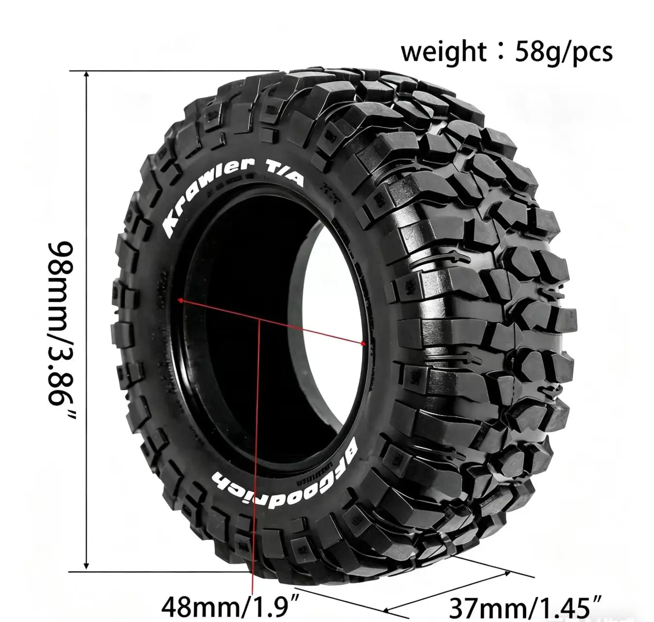Wear-Resistant 1.9 Inch 98mm Rubber Off-Road Tires, 1/10 RC Crawler Tyres for Axial SCX10 Pro TRX4 RC4WD D90 Redcat Gen8 MST