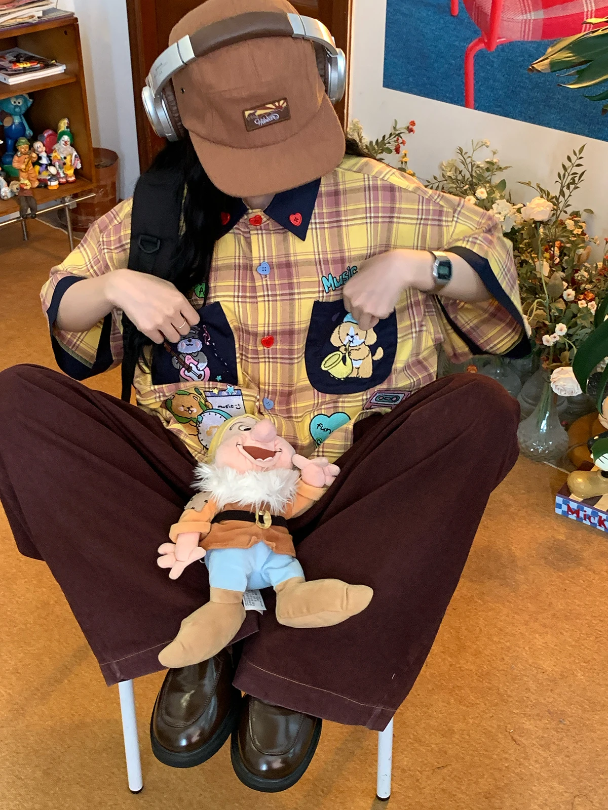 

Retro Cartoon Embroidery Loose Short Sleeve Shirt Women's Checkered Summer New Style Breathable Comfortable Chinese Style Top