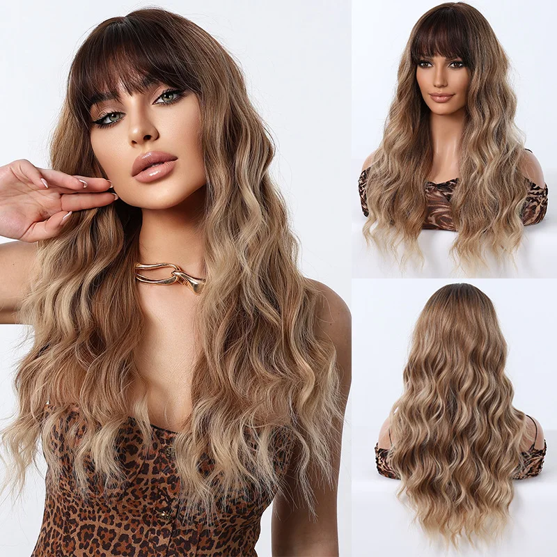Women's with bangs, wavy long hair, fashionable and voluminous, in a milk tea golden-brown color, wool curly wig
