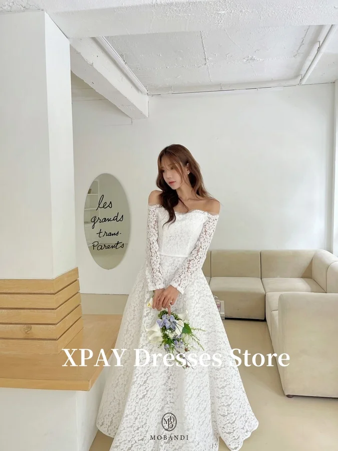 

XPAY Off Shoulder Full Lace A Line Wedding Dresses Korea Photo shoot Long Sleeves Bridal Gowns Princess Customized Elegant