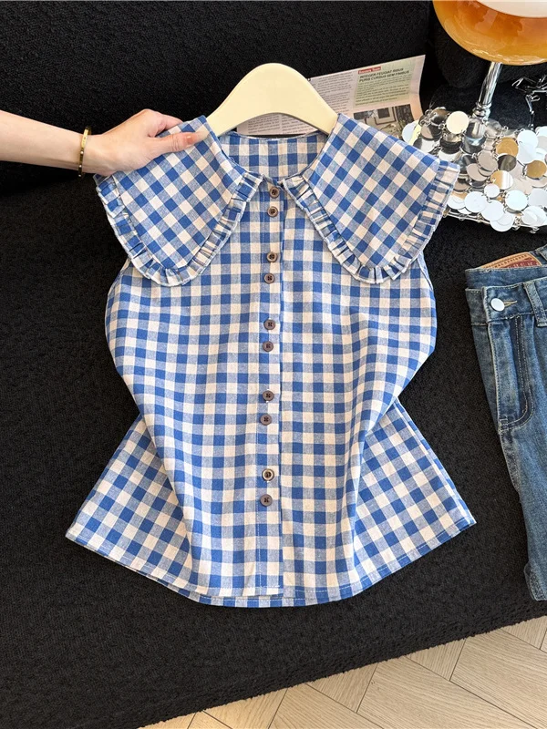 

Blue Plaid Short Sleeve Loose Fit Shirt Women's Summer Doll Shirt Slimming Versatile Small Top French Style Polyester Fiber