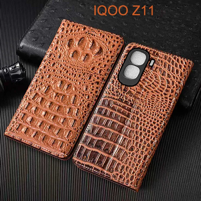 Crocodile Claw Genuine Leather Flip Case For IQOO Z11 Turbo Z11X Phone Cover Card Cases Scratch Proof