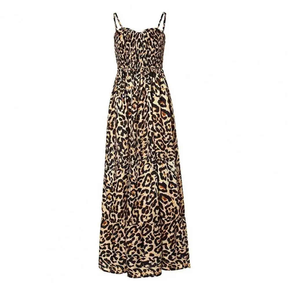 

Sling Dress Leopard Print Strappy Maxi Dress with Low-cut V Neck Backless Design Women's Vacation Beachwear with Tight High