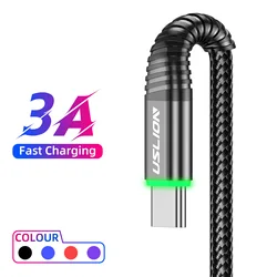 USLION USB Type-C Quick3.0 Charging Cable For Huawei Honor Xiaomi Samsung Oneplus Phone Charger Line LED Data USB C Cord Wire
