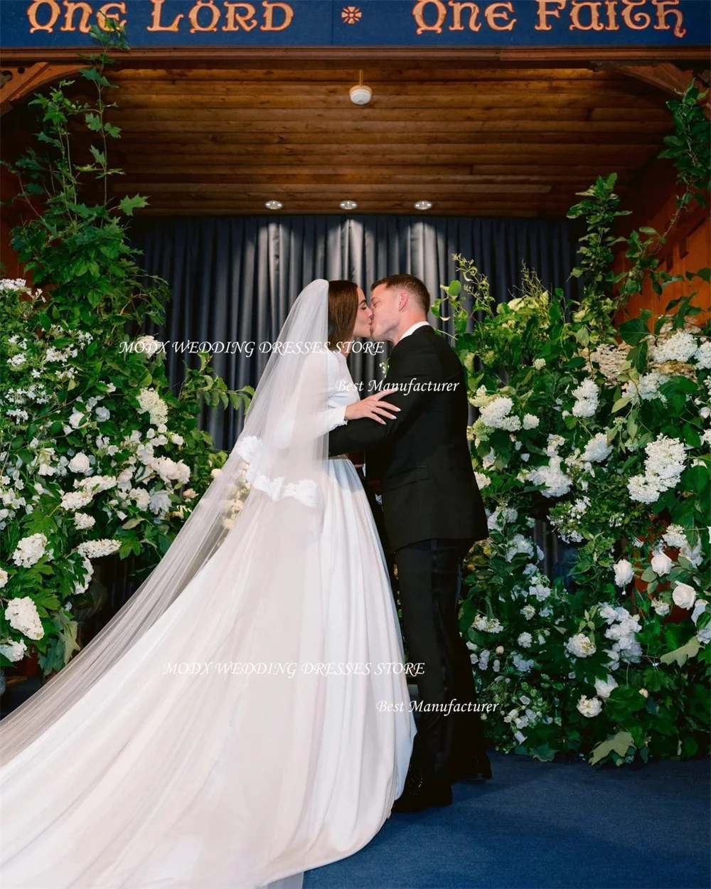 MODX Modest Satin A Line Wedding DressesPuff Long Sleeves O-Neck Floor Length Bridal Gowns Country Robe de mariage