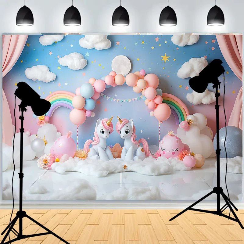 Rainbow Backdrops Adereços para Fotografia, Balões Coloridos Arco, Photo Background, Birthday Party, Unicórnio, Bebê Recém-nascido, DF-06
