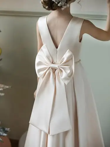 فستان فتاة الزهور من الساتان اللؤلؤي بربطة عنق، مع تصميم بدون ظهر، فستان حفلة عيد ميلاد الأميرة الجميلة، فستان التواصل #4