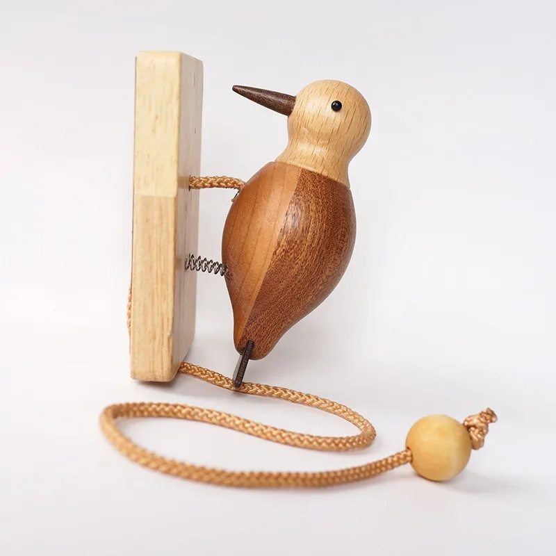 Creative Woodpecker Doorbell with Pull Rope Handcrafted Wooden Hanging Door Chime with Knocking Sound for Home Garden Decor