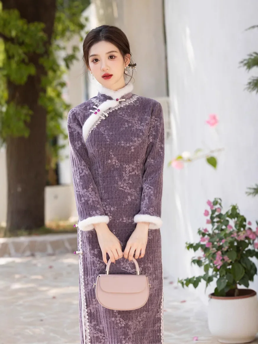 

Шерстяной утолщенный Cheongsam, женский зимний стиль, улучшенный, новинка 2024, элегантный китайский Ципао с длинными рукавами в стиле ретро для молодых девушек