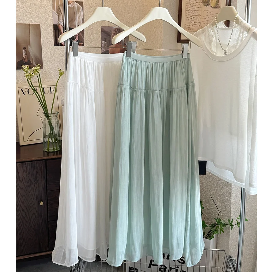 

opee Net New Sle f-length Skirt with adient Splicing Silk Luster Fabric Ultra Thin High Waist Knitted Summer Dr