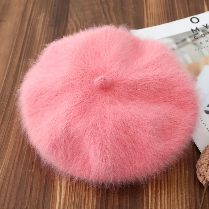 Long hairy mink velvet beret female women mink fur octagonal hat pumpkin hat knitted painter hat warm flight attendant hat