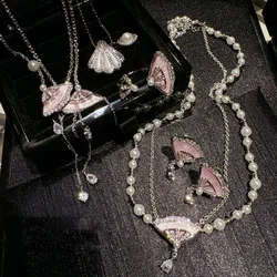 Women Vintage Pearl Necklace Pink Mother-of-Pearl Fan Earrings Ring 2025