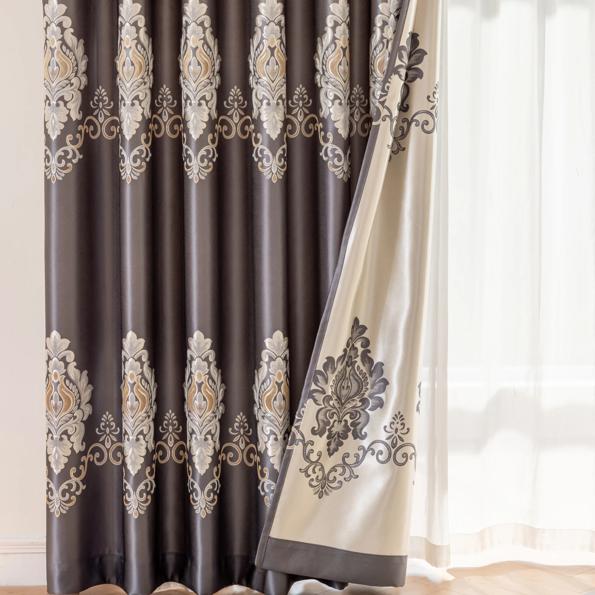 European Vintage Jacquard Blackout Curtain, Luxury Damask Pattern Window Drapes, Thermal Insulated Curtains for Living Room Bedr
