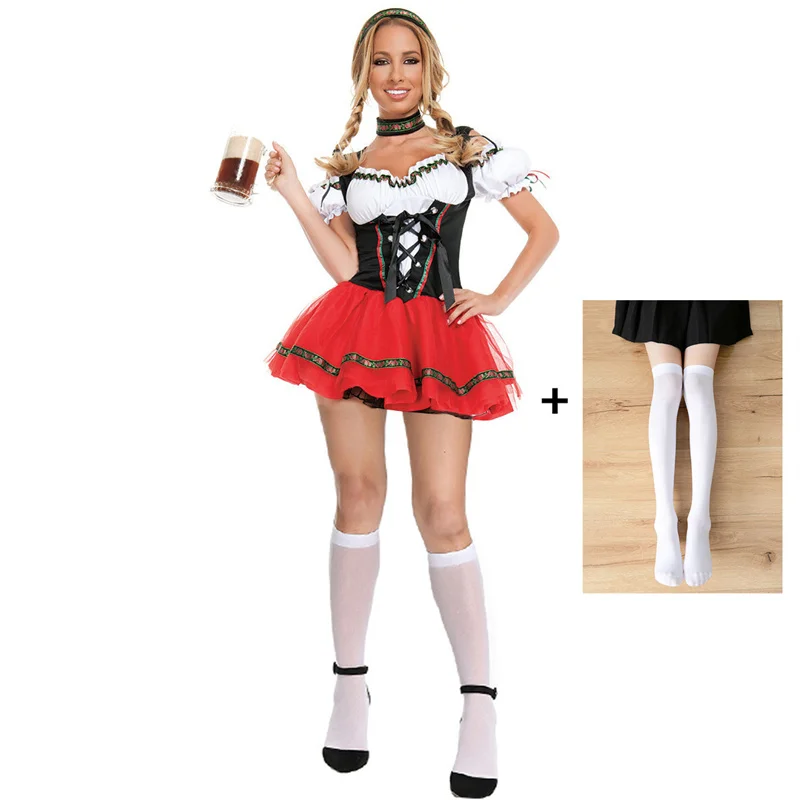 Women German Oktoberfest Costume Maid Stage Costume Carnival Party Beer Dress with Necklaces Headdresses Socks