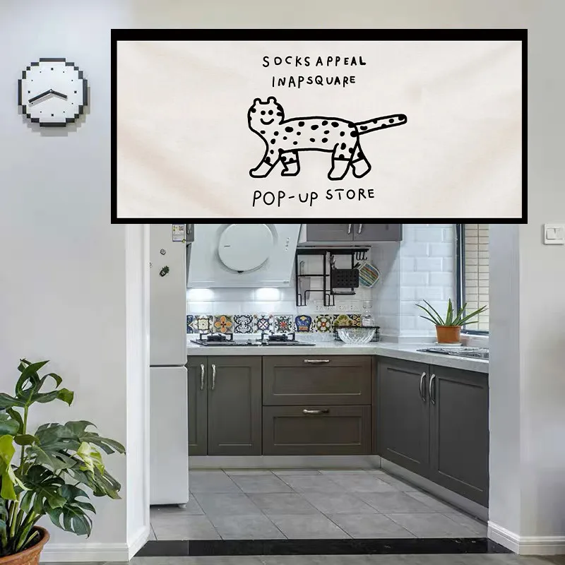 VIKAMA Minimal Line Cat Paw Fabric Partition Curtain Nordic Kitchen Velcro Punch Free Window Half Curtain
