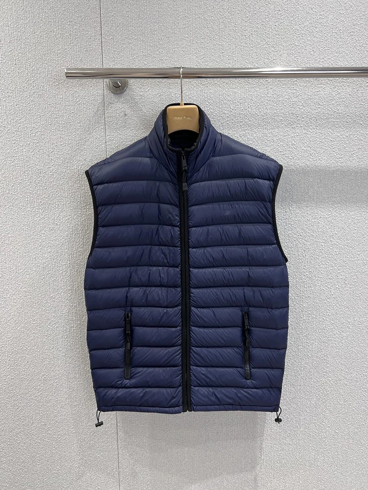 

Осенне-зимние модные темно-синие уличные повседневные пуховики женские свободные пуховики без рукавов с круглым вырезом на молнии