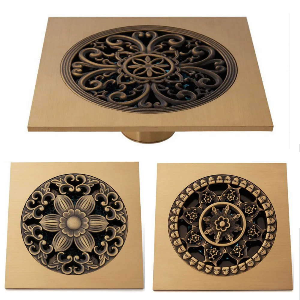 15CM*15CM Brass Shower Drain Bathroom Floor Drain Square Bathroom Shower-Floor-Drain Tile Insert Antique Bronze Nhr600