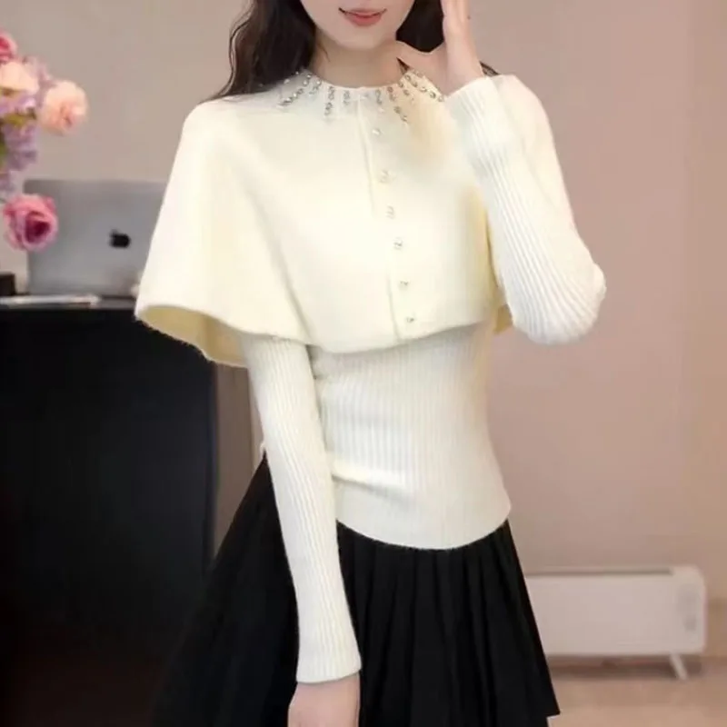 New O-Neck Beading Knitted Sweater Women Pullovers Long Sleeve Cloak Shawl Knit Sweater Pullover Women Tops Women Clothing Q2013