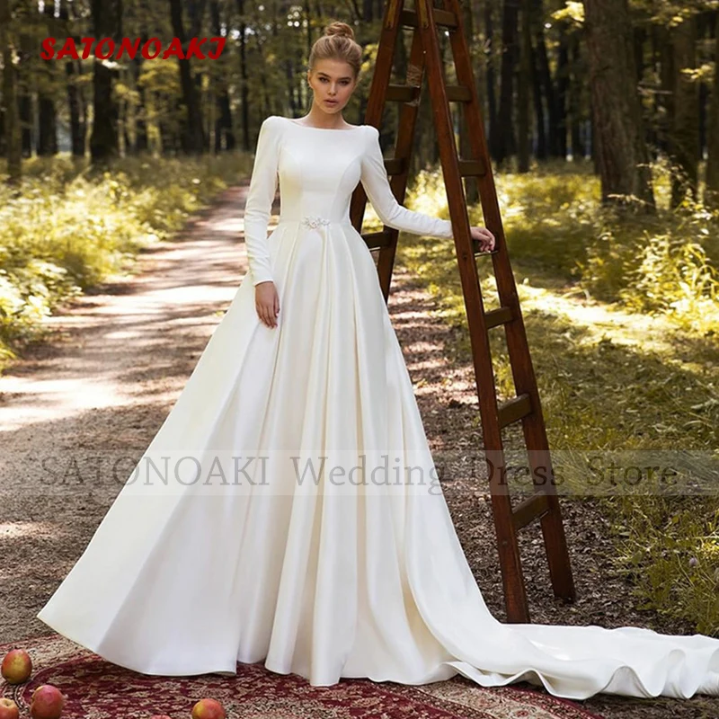 

Elegant Simple Scoop Neck Satin Wedding Dresses for Women A-Line Sweep Train Backless Long Sleeves Bridal Gowns Vestido De Novia