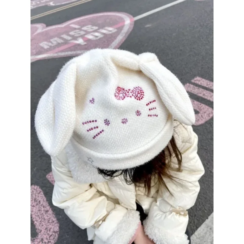 Kawaii Sanrio Hellokitty Rhinestone Ear Hats Winter Knit Outdoor Warm Caps Casual Cap Y2k Sweet Fashion Girls Decorative Hats