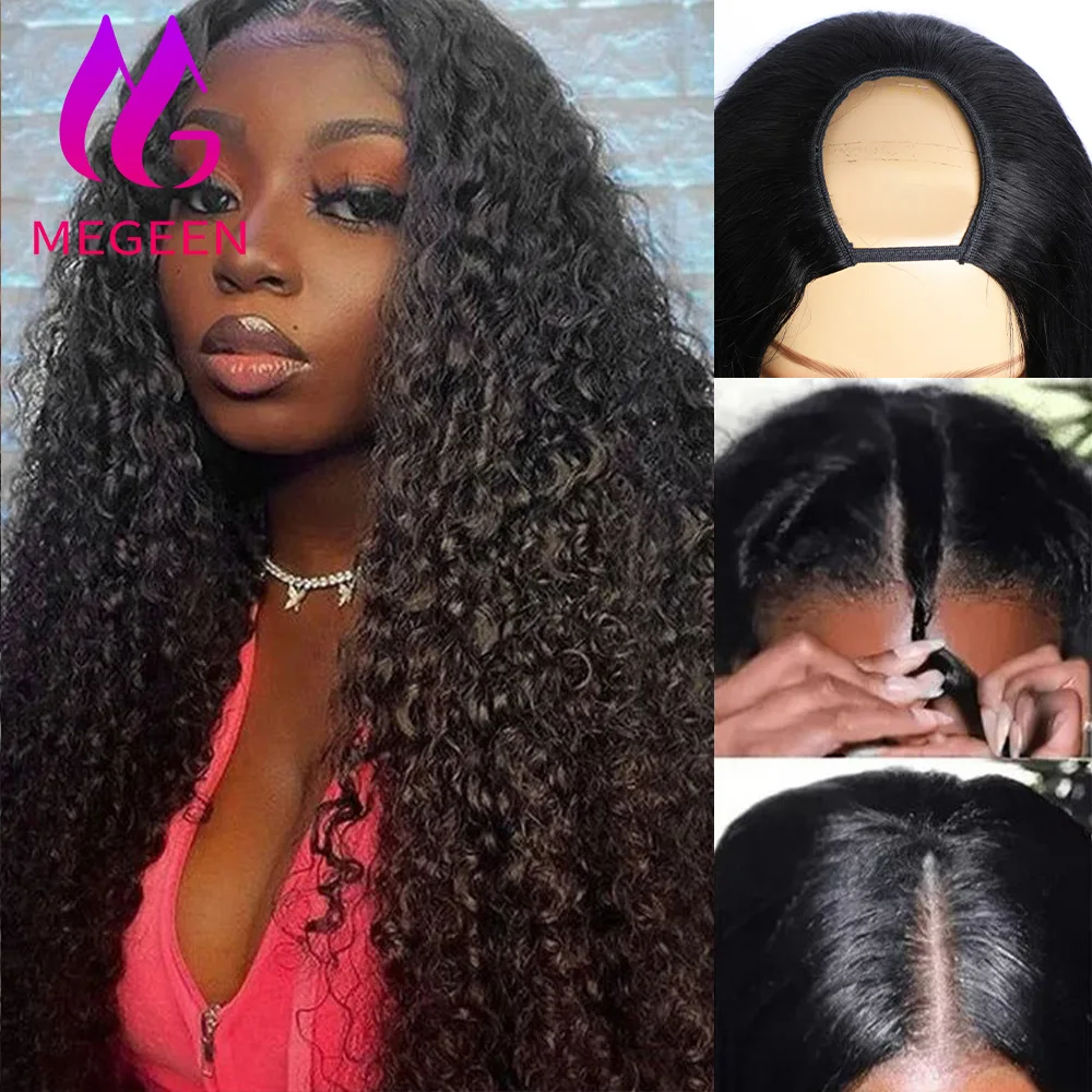 

Megeen U Part Wig Curly Peruvian Human Hair Machine Wig Natural Black Virgin Hair For Women No Sew In Small Leave Out 18-30 Inch