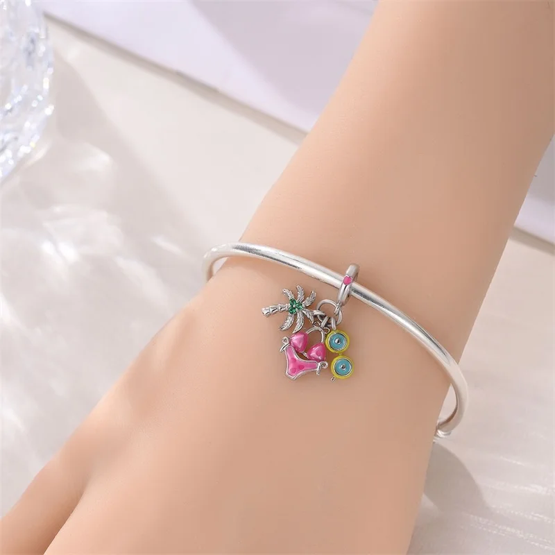 

925 Sterling Silver Summer Coconut Tree Vacation Pendant Fit Original Bangle Bracelet DIY Birthday Jewelry Gift