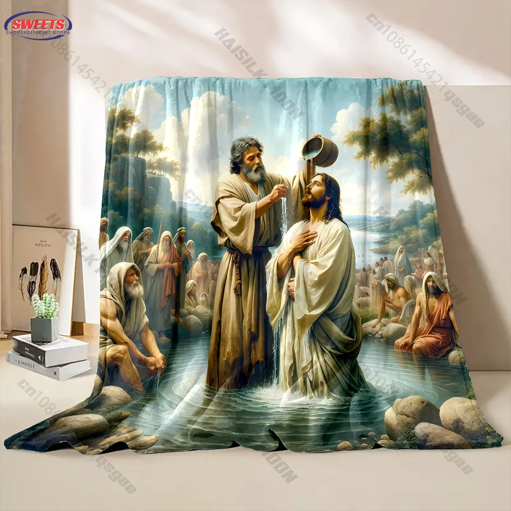 Jesus Baptism Scene Throw Blanket Soft Flannel Cozy Blanket for Christian Faith Home Decor & Religious Gifts