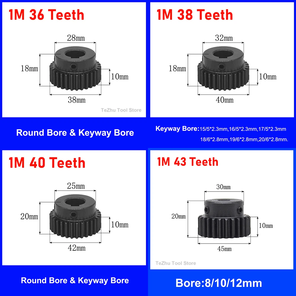 

1Pcs 1Mod 36/38/40/43 Teeth Spur Gear 45# Steel Metal Transmission Gear Round Bore 6mm-20mm Keyway Bore Motor Convex Gear