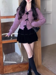 Korean Fashion Knit Autumn Winter Sweet 2 Piece Sets Purple Knitted Cardigan + Pleated Black Skirt New Casual Preppy Style Suits