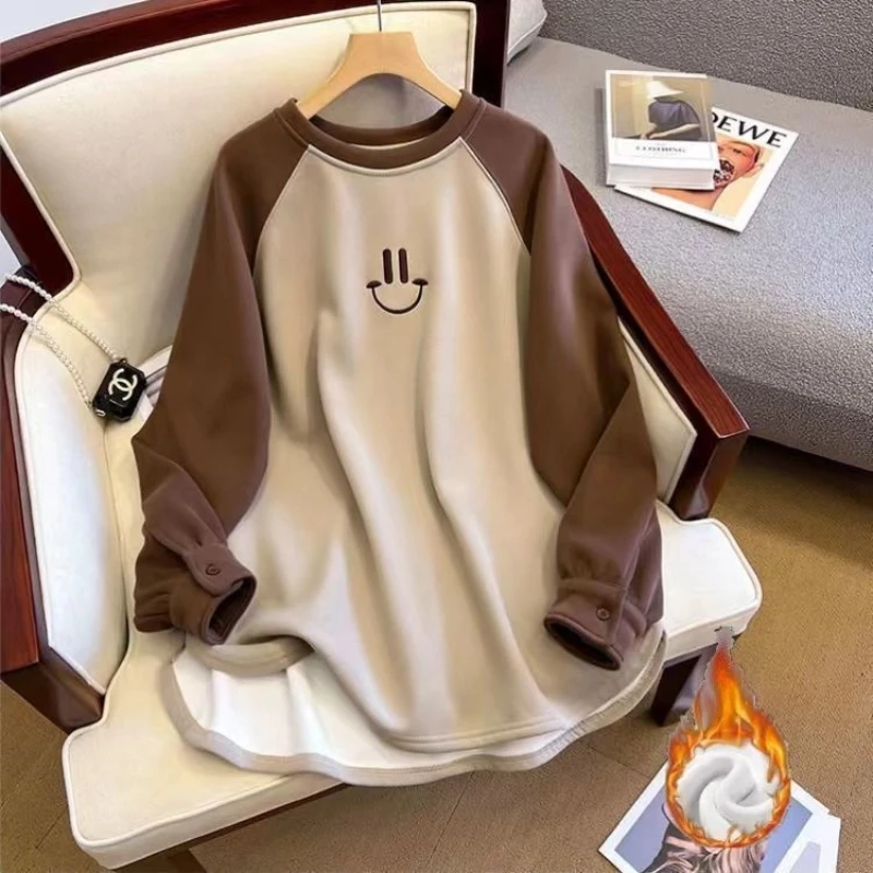 

Контрастные лоскутные уличные повседневные топы с длинными рукавами, осень-зима, новые винтажные футболки больших размеров, модная женская одежда в ленивом стиле