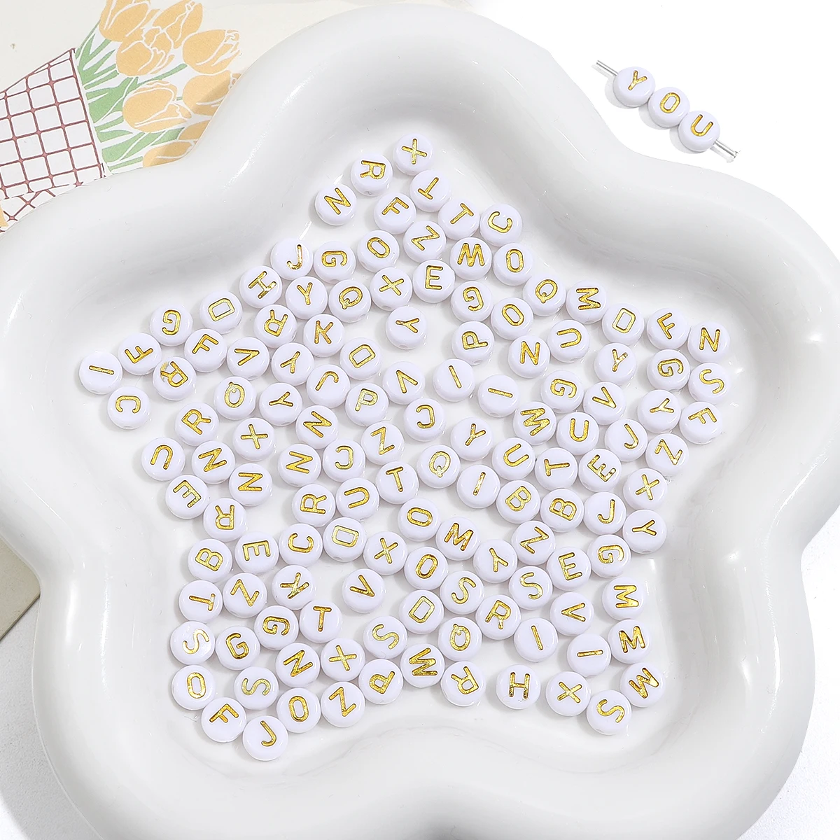 4x7mm Acrylic English Letter Flat Beads 50pcs/bag Gold Letters Loose Spacer Beads For DIY Jewelry Making Bracelet Accessories