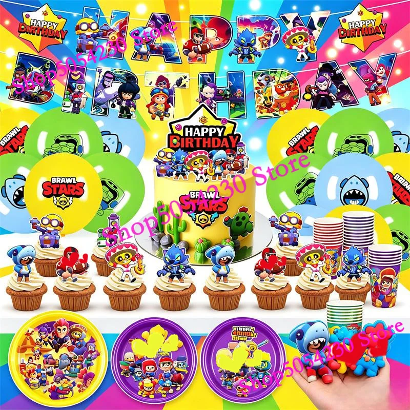 Kit de Artículos para Fiesta Temática de Brawl Stars: Pegatinas, Globos, Vasos y Artículos de Mesa para Regalo de Cumpleaños de Amigos