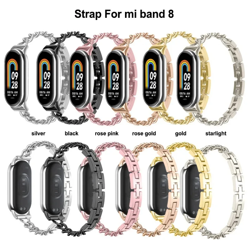 جديد قابل للتطبيق على Mi Band 8 strap سوار معصم عصري بسلسلة واحدة رياضية معدنية للنساء إكسسوارات استبدال سوار ذكي