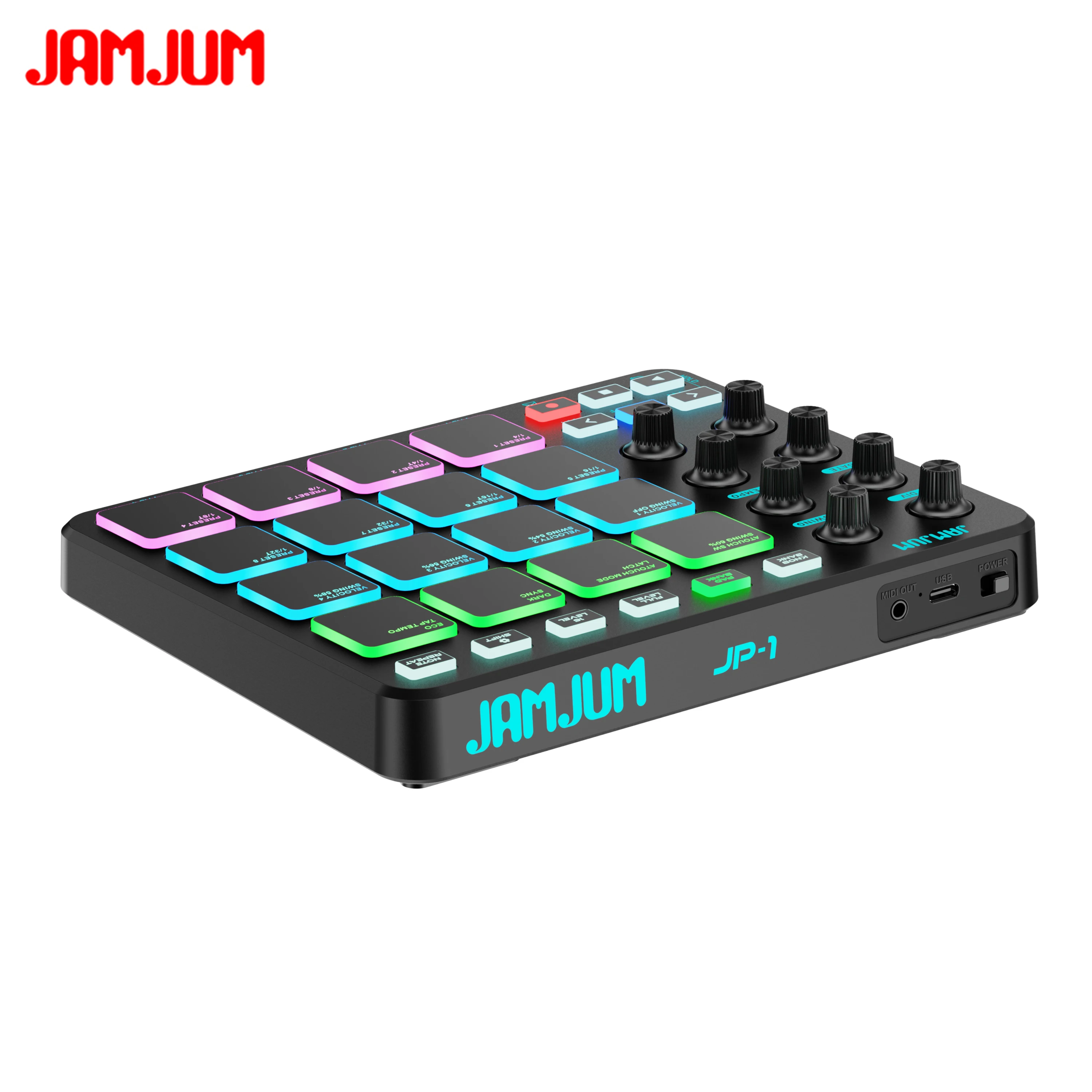 JAMJUM JP-1 Wireless MIDI Controller Pad - 16 RGB Pads, 8 Knobs, 20H Battery With BT & 3.5mm Output RGB Lighting image 3