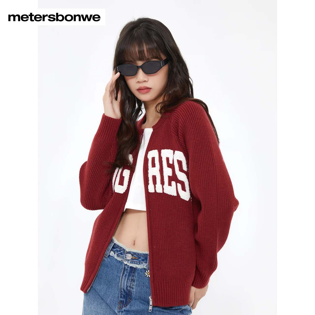 Metersbonwe-Women Knit Cardigan Loose Embroidery Letter Classic Texture Soft Sweater Retro Campus Christmas Spring And Autumn