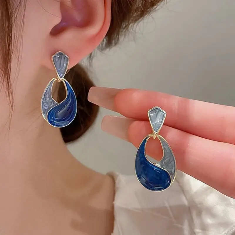 Grey Blue Enamel Oil Hollow Water-drop Dangle Earrings for Women Party Trendy Jewelry Geometric Polygon Drop Earrings